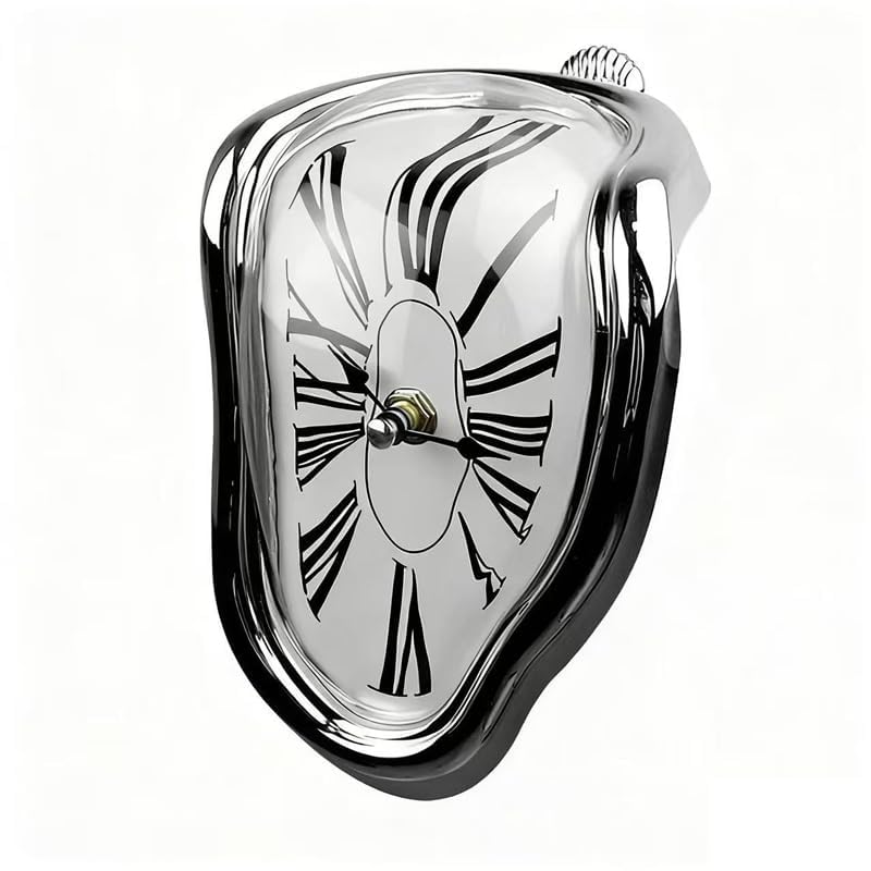 TIMEACT Melting Clock Dali Melted Clock Gift Decor Art Inspired Wall Clock Twisted Shelf Hanging Surrealist for Decorative Shop Office Home Desk Roman (Silve)