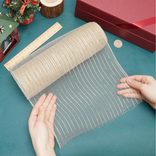 GORGECRAFT 10 Yards Natural Burlap Mesh Ribbon 26cm Wide Glitter Metallic Foil Christmas Tree Jute Burlap Fabric Spool Rolls for Fall Wreath Swags Supplies Wedding Decor Gift Wrapping - Image 3