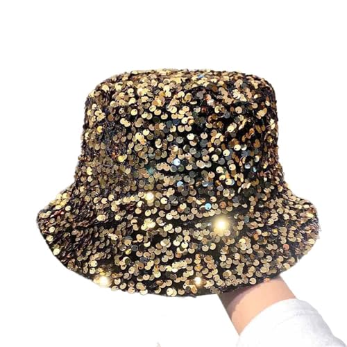 SSKHE Sombreros de pescador con lentejuelas para mujeres y hombres, sombrero dorado brillante, sombrero de sol para fiesta, accesorios de discoteca, disfraz de los años 70, disfraz de Halloween
