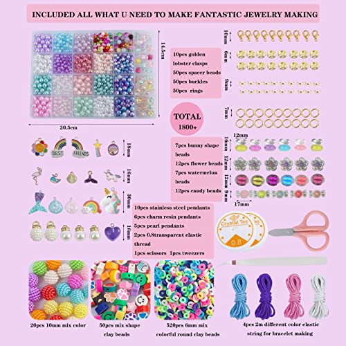 Xichigo 1800Pcs Pearl Round Beads For Jewelry Making Kit For Kids Girls Smile Fruit Polymer Clay Beads Mermaid Starfish Shell Rainbow Charms Bead Kit For Bracelets Necklaces Rings #TOP1