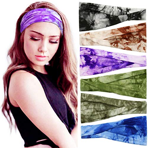 Tie Dye Headbands 6 Pcs Stretchy Cotton Yoga Headbands for Women Non Slip Sports Sweat Headbands Workout Hair Bands for Women Girls Adults