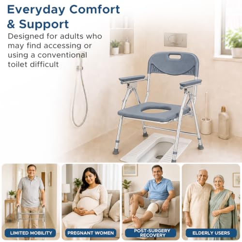 Image of KosmoCare Deluxe Commode Chair - Heavy Duty | Height Adjustable Commode Chair with Aluminium Frame | Toilet Chair with Pot and Lid | Lightweight bedside Commode Chair for Adults, Elderly, & Handicap