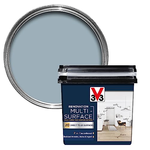 V33 Renovation Multi-Surface Paint - No Undercoat Needed - Over 20 Surfaces - Resistance to Water Stains & Impact - High Coverage - Grey Blue Satin 750ml