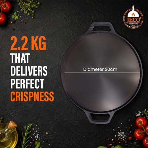 Image of Cast Iron Dosa Tawa with Dual Grip Handles | Pre-Seasoned Non-Stick Iron Tawa for Dosa /Chilla /Roti | Heavy Duty Non-Toxic Cookware | Gas Stove & Induction Compatible | Black, 30cm, 2.2kg
