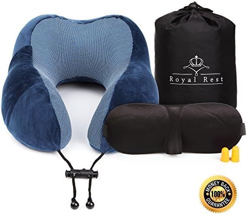Royal Rest Ergonomic Memory Foam Travel Pillow with Sleep Mask Earplugs Carry Bag Velour Cover