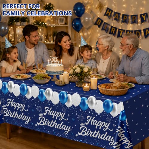 Image of 4 Pack Blue and Silver Happy Birthday Tablecloths, 54 x 108 Inch Covers | Blue and Silver Birthday Party Decorations for Boys, Teens and Men, Ideal for Cake, Dessert, Gift and Buffet Tables