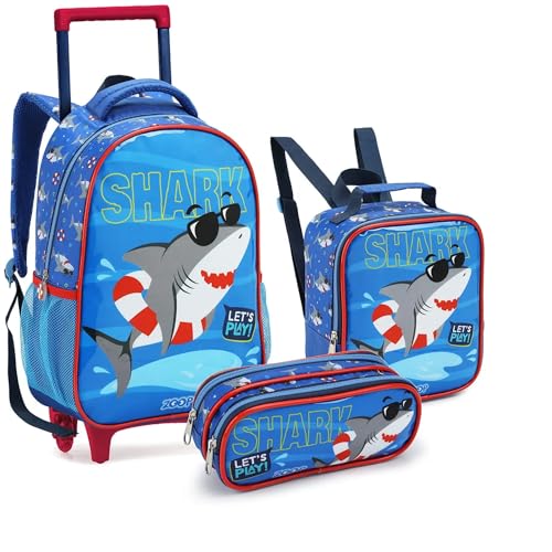 Kit Escolar Infantil Mochila Com Lancheira Térmica e Estojo Tubarão Shark Para Meninos