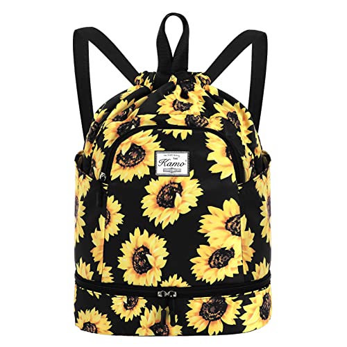 KAMO Drawstring Backpack Bag - Sport Swimming Yoga Backpack with Shoe Compartment, Two Water Bottle Holder for Men Women Large String Backpack Athletic Sackpack for Travel