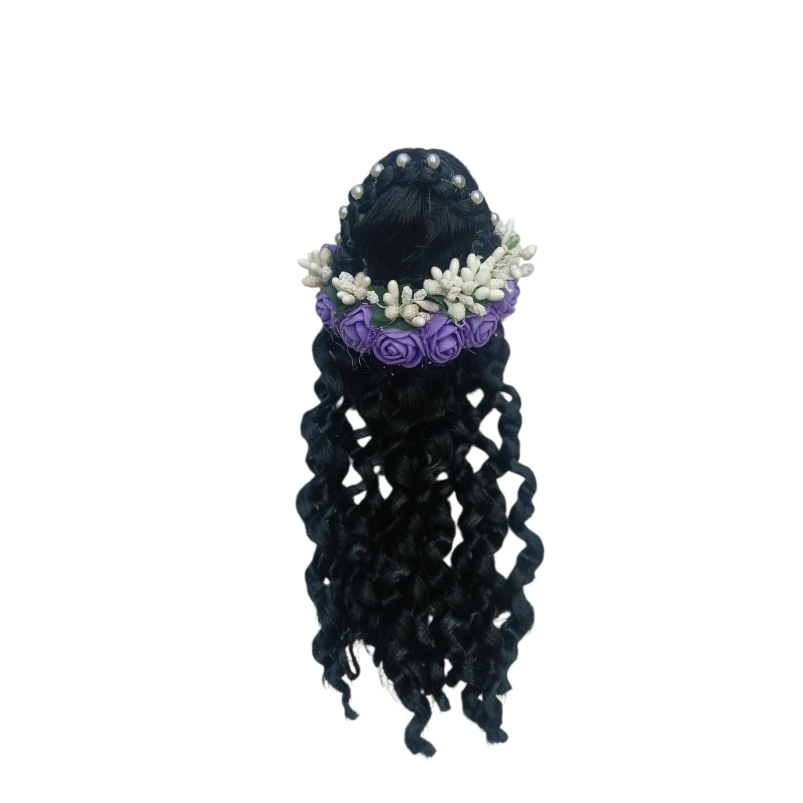 Sugandhit Handcrafted Radha Rani Long Decorated curly black flower decorated hair for all size Devi idol -Long Decoration Wig for use any festivals and daily use (12-inch Female God idol)-image-8