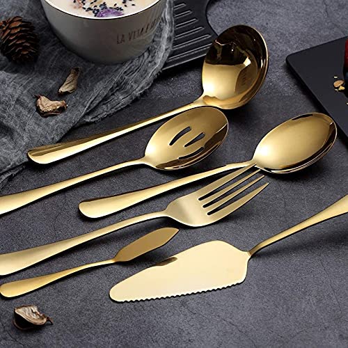 yksiahfi 6-Piece Serving Flatware Silverware Set, Serving Utensil Set,Include Cake Server, Slotted Serving Spoon Gold - Image 2