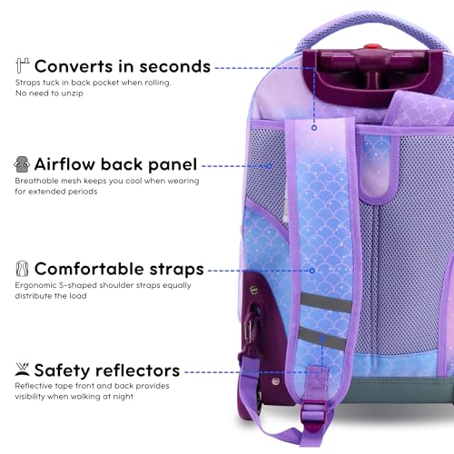 Image of J World Sunrise Kids Rolling Backpack with Wheels for Girls Boys, Roller Bookbag for School, 18 x 13 x 9 Inches, Purple Mermaid