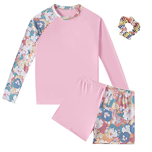 Image of Long Sleeve Swimsuits for Kids 2 Pieces Set Swimwear Quick Dry Surfing Wetsuit for Girl /Boy 5-12 Years Pink