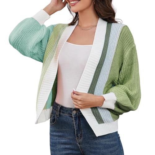 Women's Color Block Short Cardigan Without Button Trendy Open Front Cropped Long Sleeve Sweaters Fall Spring Dopamine Clothes for Teen Girl (Green, XXL)