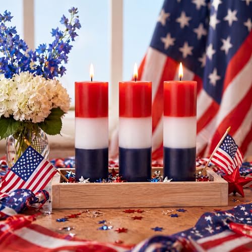 Image of Conelist 3 Pcs Red White and Blue Wax Candle 4th of July Unscented Dripless Pillar Patriotic Candles Smokeless Independence Day American Gifts for Dinner Party Decoration(Red Blue White,2 Inch)