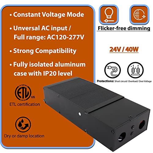 Image of Dimmable LED Driver 40-Watt 24 Volt DC, Electronic LED Power Supply Transformer 1.66A Rated Current, 120-277VAC, For LED Strip Light, Kitchen - Compatible with Lutron and Leviton dimmers