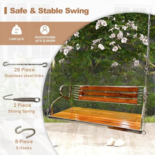 Image of Kaushalendra Hanging Swing for Indoor Outdoor Balcony, 137 cm Stainless Steel & Teak Wood, 350kg Capacity, Pre Assembled, Includes Springs & Hooks