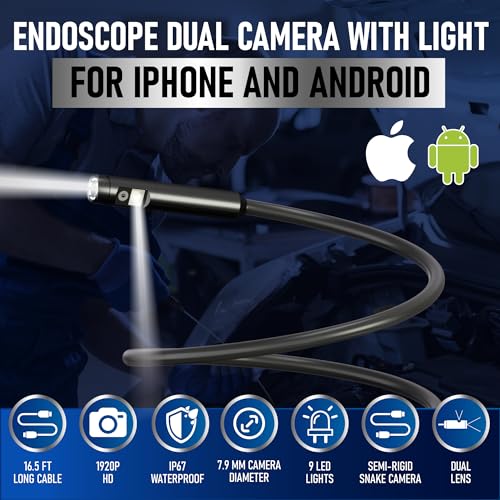 Matrixcamp E003 Dual Lens Borescope, Endoscope Camera With Light For Iphone, Ipad, Android, 1920P Ip67 Waterproof Inspection Camera,16.5Ft Semi-Rigid Snake Camera,9 Adjustable Lights,Cool Gadgets thumb #1