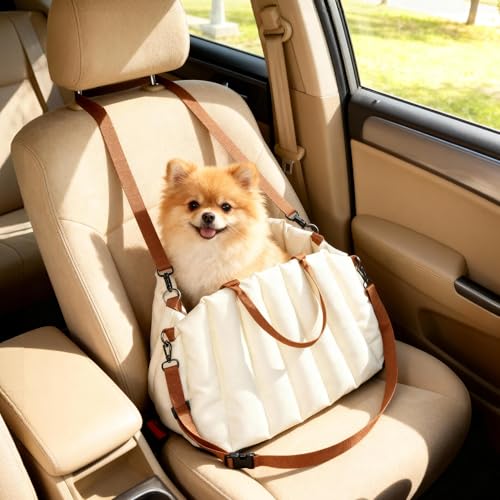 PawHut Asiento de Coche para Perros Pequeños, Asiento de Coche para Mascotas de hasta 5 kg con Cinturón de Seguridad y Base Antideslizante, Cama de Viaje Portátil con Funda Extraíble y Lavable, Crema - imagen 2