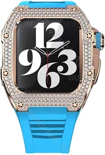 houcy luxury diamond stainless steel modification kit for iwatch series 44mm 45mm metal case rubber band strap for apple watch 7 6 5 4