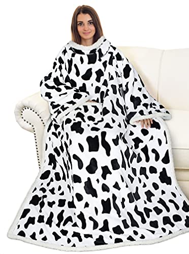 Image of Catalonia Sherpa Wearable Blanket with Sleeves Arms, Super Soft Warm Comfy Large Fleece Plush Sleeved TV Throws Wrap Robe Blanket for Adult Women and Men, Cow