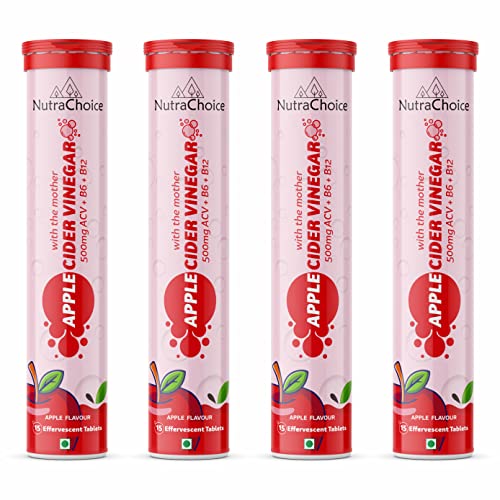 Image of NutraChoice Apple Cider Vinegar 60 Effervescent Tablet (Pack of 4) with mother for weight loss, with Vit B6, B12 & Pomegranate Extract, Weight management & Gut Health