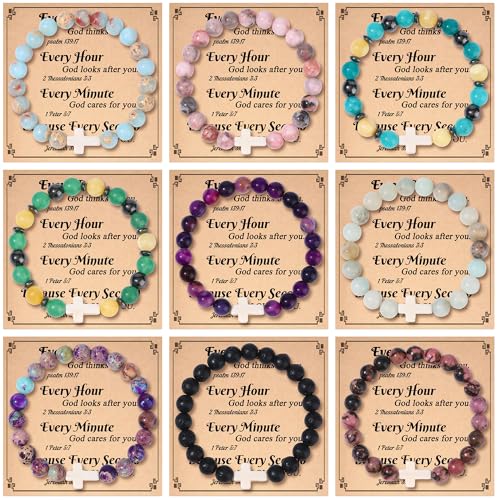 WAINIS 9Pcs Faith Cross Beaded Bracelets for Women Inspirational Christian Gifts Religious Cross Bracelet 8mm Natural Stone Stretch Jesus Bracelets Bulk Jewelry Gift