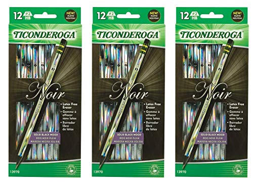 Ticonderoga Noir Black Wood-Cased #2 Pencils, Holographic Design, 12-Count Hang Tab Box (13970), 3 Pack