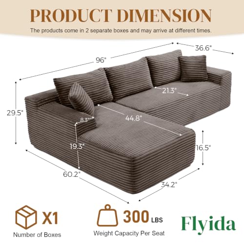 Image of 96 inch Boneless Cloud Sectional Couches for Living Room, Comfy Fluffy L Shaped Memory Foam Deep Seat Boneless Couch, Modular Sectional Sofa with Left Facing Chaise, Brown