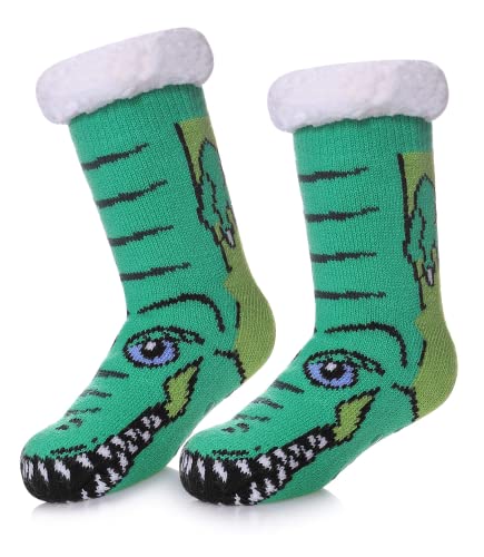 HapiLeap Kuschelsocken Kinder Slipper Socken Jungen Mädchen Hausschuh Socken Weiche Dicke Fleece Gefüttert Weihnachtsstrümpfe Kleinkind (Green Crocodile (5-8 Jahre))