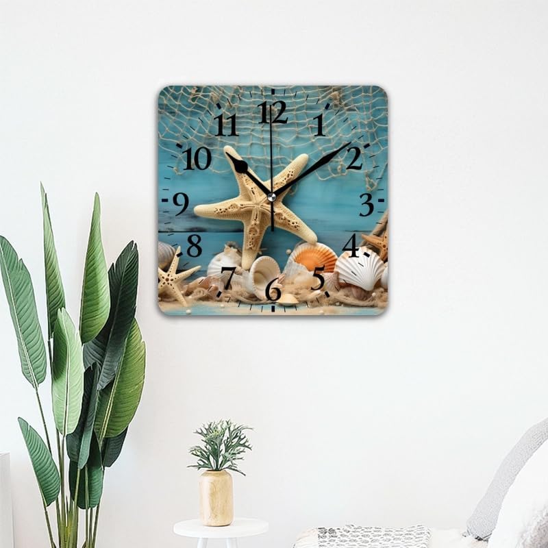 Quartz Wall Clocks Non-Ticking Silent Battery Operated Modern Wall Clocks Decorative for Home,Bedroom-Starfish, and Fishing Nets On Blue Wooden Background(16inch)
