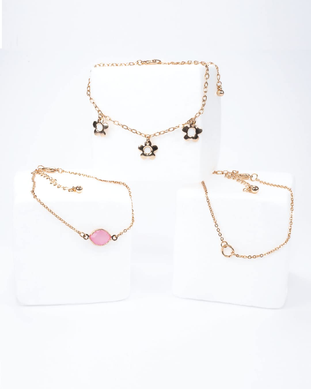 AMICAAMICA Set of 3 Charm Bracelet سوار Stackable Layered Bracelet With Flower Charms and Pink Stone Ideas for Young Girls, Women