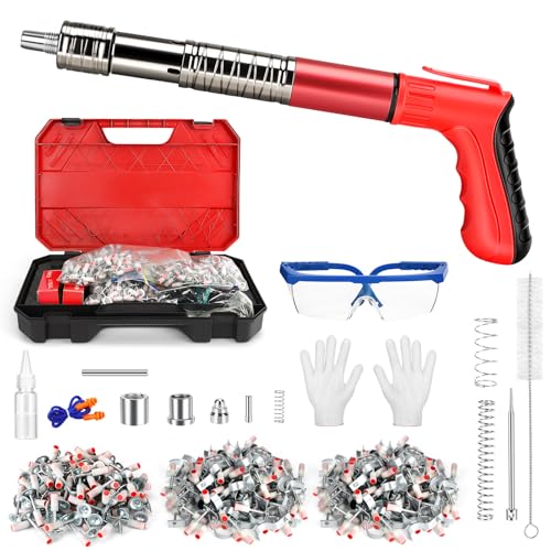 Clavadora manual, clavadora manual profesional para hormigón, 5 niveles de potencia ajustables con 100 clavos redondos + 100 abrazaderas tubulares para hormigón y acero, para montaje en techo/fijación