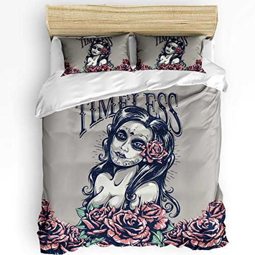 Bedding Duvet Cover 3 Pieces Set California King Size 92 x 106 inch, Horrible Girls with Flower Skull Pattern Ultra Soft Comforter Cover with Zipper Closure, Include 1 Duvet Cover and 2 Pillowcases