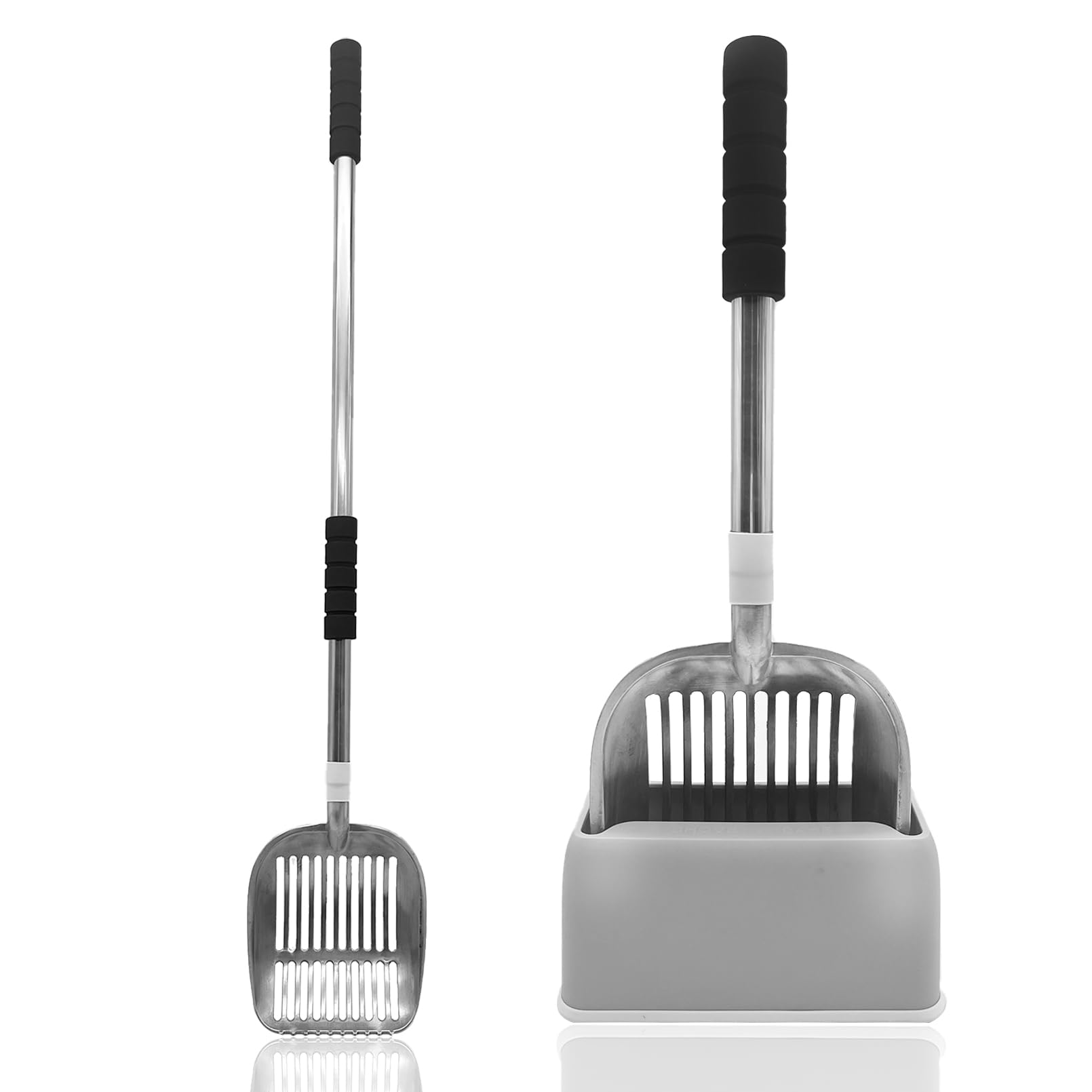 PINVNBY Cat Litter Scooper, Long Handle Litter Sifter Scoop with Litter Scoop Holder Stainless Steel Kitten Scooper Deep Kitty Litter Scooper with Box