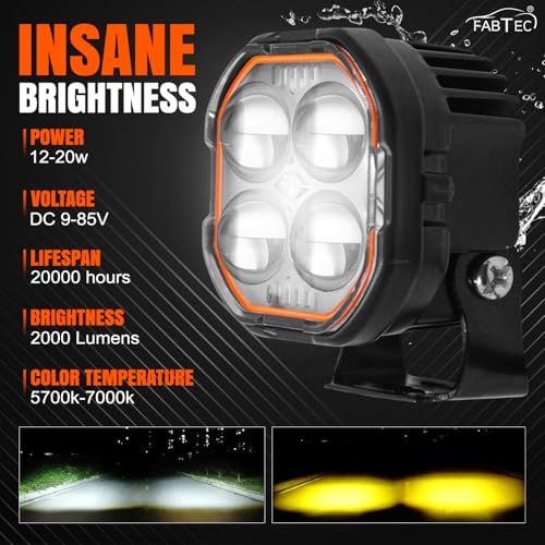 Image of FABTEC 4 Led Mini Drive Fog Light Projector Light with White /Yellow + Flasher Led DRL Pods Light wtih Devil Red Eye for Cars, Bikes, Scooty, Metal Body, Set of 2 Pcs