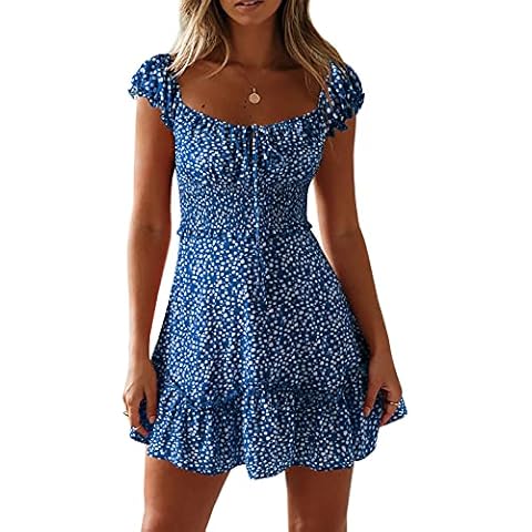 YOBECHO Womens Summer Sexy Sweetheart Collar Printed Ruffle Mini Dress Blue Cover