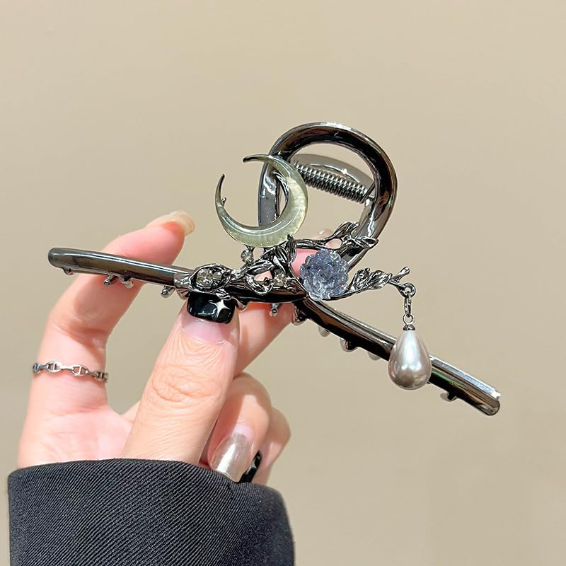 Pinza para cabello con flor y diseño de encanto lunar negro miniatura 7