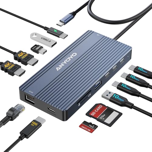 Image of ANYOYO USB C Docking Station, 14 in 1 USB Hub for 3 Monitors, Dual 4K@60Hz HDMI & USB-C Video, 4xUSB-C(10Gbps),3X USB-A, Ethernet, SD /TF& 3.5mm Audio - Multiport Adapter for Lenovo /Dell /HP (Gray)