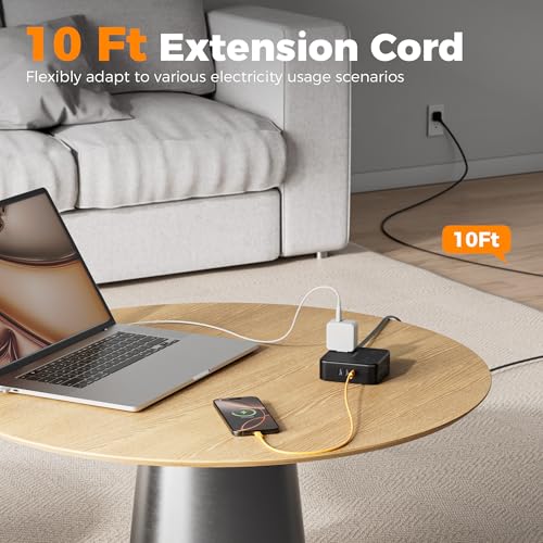 Image of TESSAN Surge Protector Power Strip, 10 Ft Flat Plug Extension Cord with 3 USB (1 USB C) 8 Outlets, 1250W, 900J Protection, 3 Sided Outlet Extender with Power Switch for Office, Dorm Room, Black