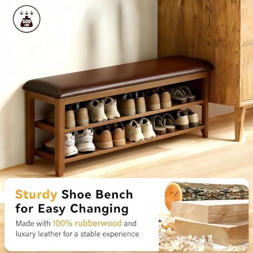 Image of Wooden Shoe Storage Bench with Leather Cushion, Dark Brown, 47.2 inch