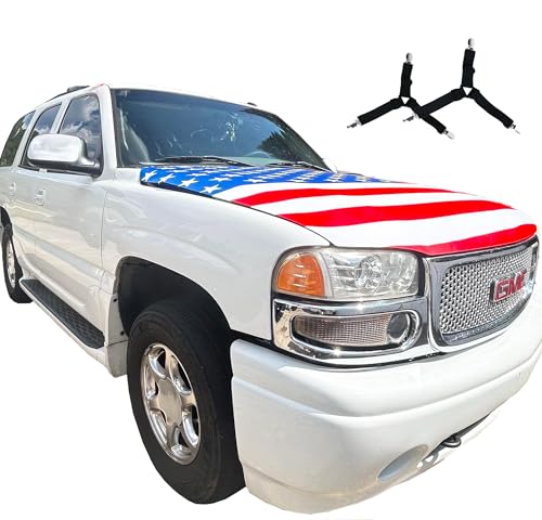 American Flag Car Hood Cover 4x5 FT USA Hood Flag with Triangle Clips Secure No-Flap Fit for Cars Trucks SUV Pickup Patriotic Car Flag Decoration for July 4th Memorial Day