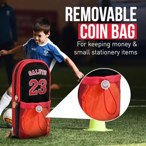 Image of DEOXY Polyester Large Capacity Pencil Pouch with 3 Zippers & 5 Compartments - Waterproof Standing Pencil Case with Metal Zipper + Football Charm & Coin Pouch (Idol), red