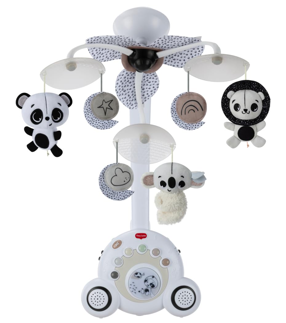Tiny Love Soothe 'n Groove Mobile, giostrina 2 in 1 per lettino, 0+ mesi, carillon portatile stand-alone, stimolazione visiva, 18 melodie, 40 minuti di musica continua, decorazione in bianco e nero