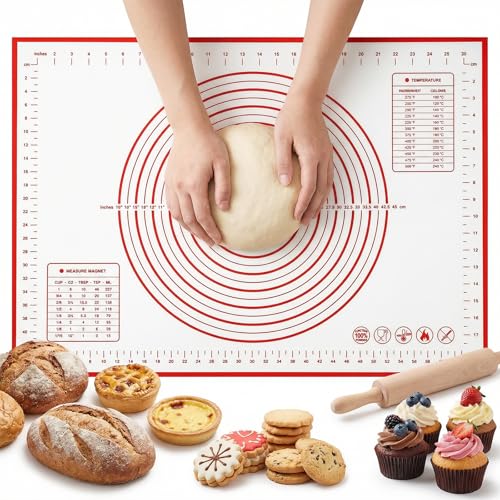La mejor comparación de Tablas de amasar los mejores 10. 50 Alfombrilla de silicona antideslizante con tabla de medidas y conversión, alfombrilla grande de 27.5 x 19.7 pulgadas para rodillo, amasado de masa, suministros para hornear pan de...
