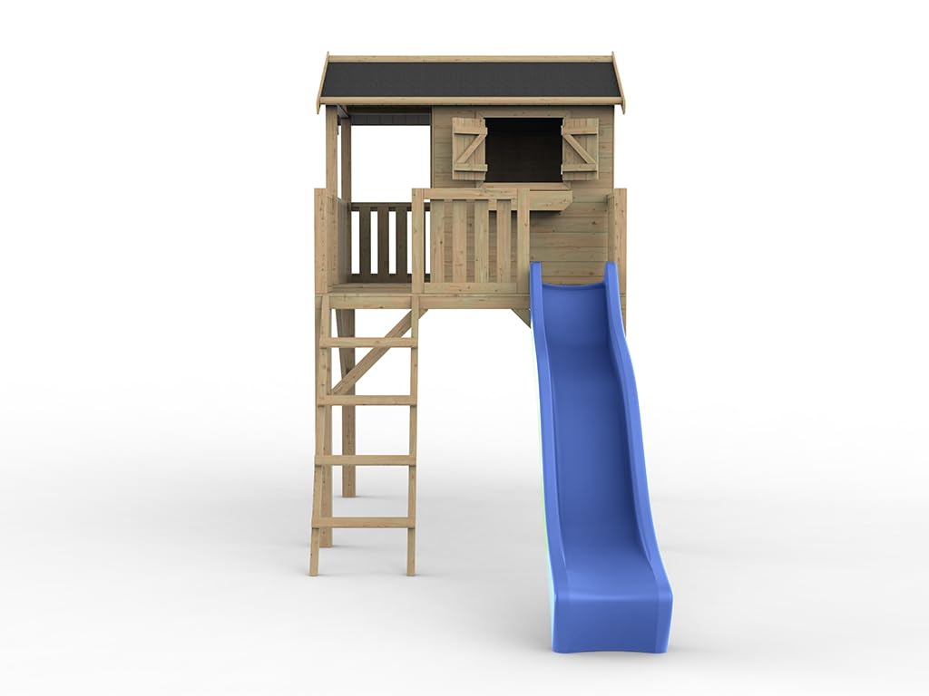 Stelzenhaus Funny XXL KDI | 285x188x303 cm | Kesseldruckimprägniertes Kiefernholz | Mit Veranda, Balkon & Blauer Rutsche | 146 cm Podest | Kinder Outdoor Spielhaus