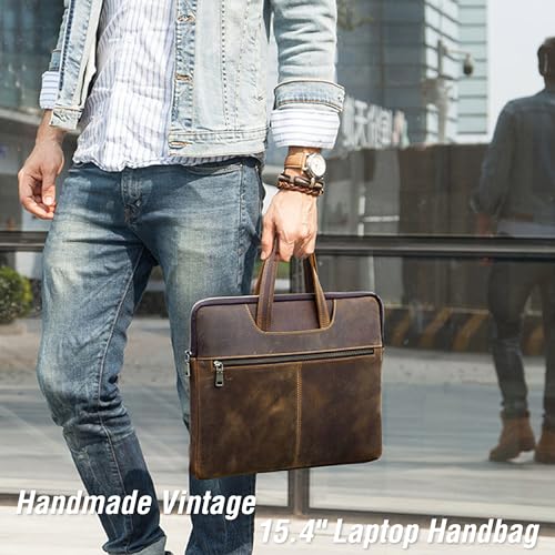 Image of Top Grain Leather Text Customizable 15.4 inch Slim Laptop Briefcase Handbag, Vintage Handmade, Compatible with MacBook Pro /Air 13.3 inch /14.2 inch /15.4 inch /16 inch & other Laptop /Tablet, Coffee 15.4 Inch