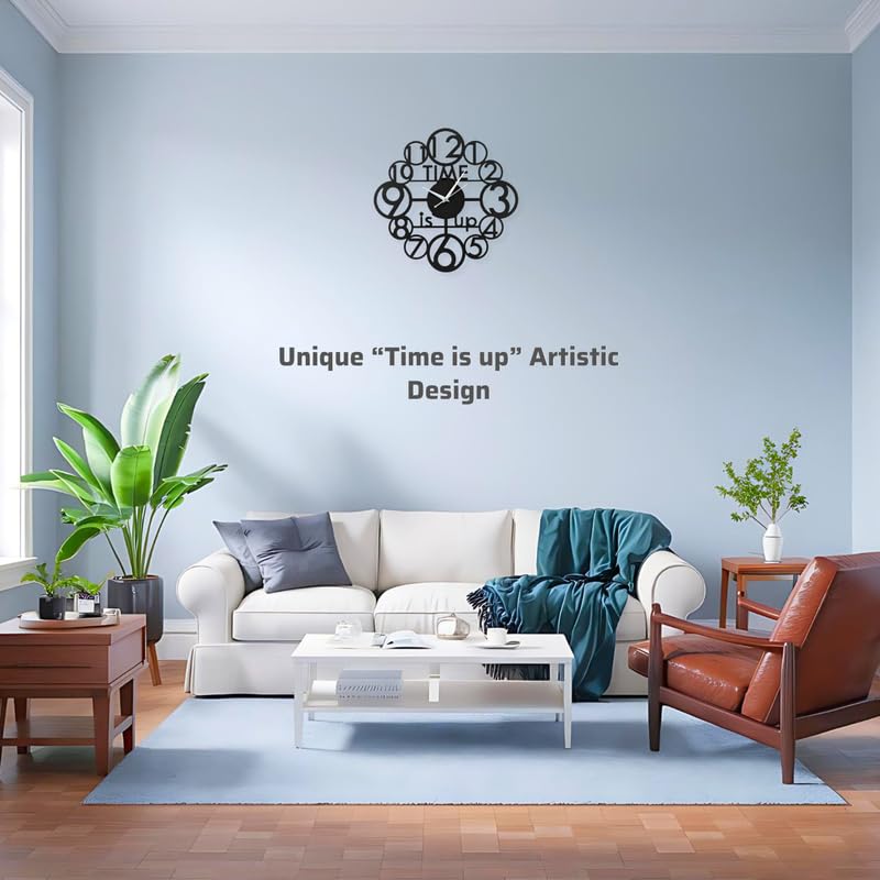 Image of Metal Analog Wall Clock for Living Room, Bedroom, Office & Hall | 38 X 38 CM | Stylish Modern Home Decor Wall Clock | Battery Operated | Time is Up Designer Round Design | Black