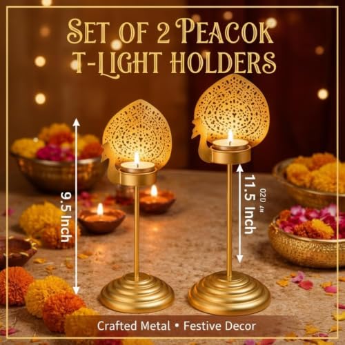 Image of 2 Metal Tea Light Holder Stand | Peacock Yellow Candle Holder Home Decor | Perfect for Living Room, Bedroom, Pooja Space, Festive Decor, Weddings, Housewarming & Gifting Ideal for Diwali, Wedding