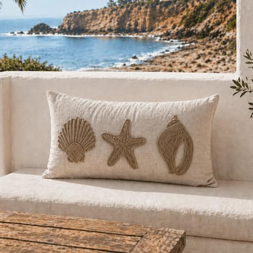 VANNCIO Seaside Coastal Lumbar Pillow Cover 12x20, Neutral Jute Embroidered Beach...
