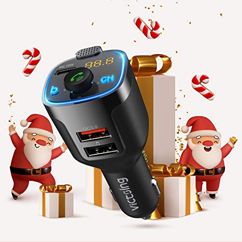 VicTsing 2021 V5.0 Bluetooth FM Transmitter for Car, 23W PD+QC3.0 Wireless Bluetooth FM Audio Adapter/Car Kit/Music Player with 3 USB Ports